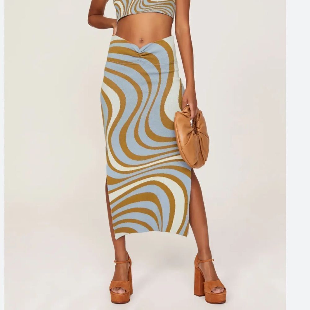 RHODE  Ettie Floral Knit Midi Skirt Blue Brown Maxi Pencil Skirt Slit NWT L
